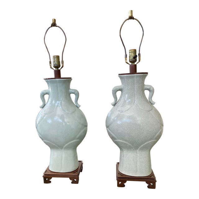 Celedon Ceramic Asian Table Lamps - a Pair For Sale
