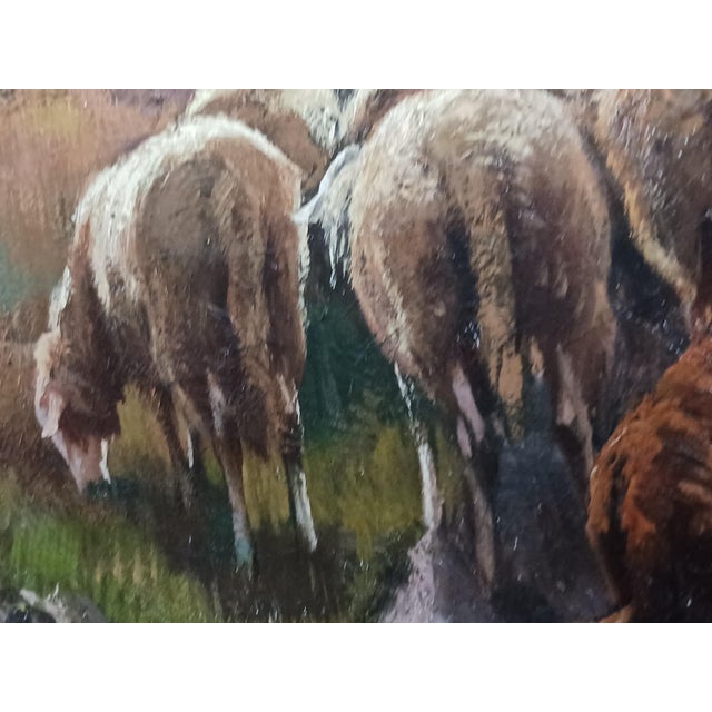 Brown 19th C. European Landscape Oil Painting With Sheep Herd and Shepherd, Luminous For Sale - Image 8 of 14
