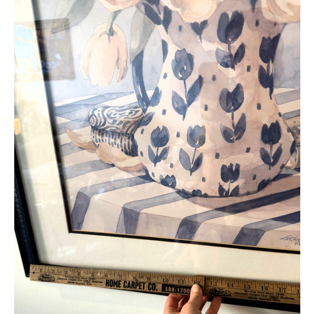 Vintage Jerianne Van Dijk Oversized Framed Floral Lithograph – Pink Tulips in Delft Pitcher For Sale - Image 9 of 16