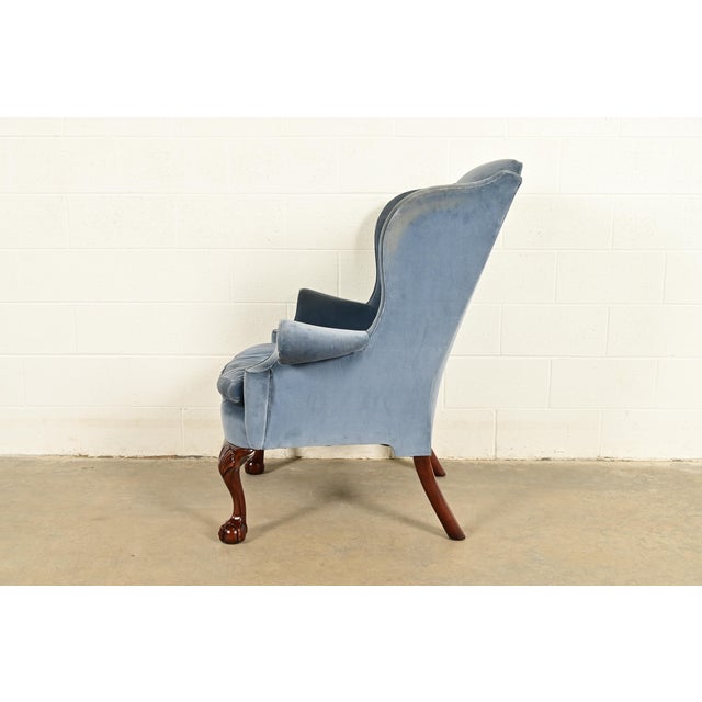 Kindel Furniture Chippendale Carved Mahogany Blue Velvet Upholstered Wingback Lounge Chair For Sale - Image 9 of 15