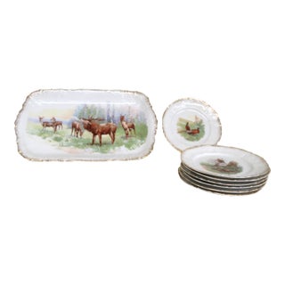 Late 19th Century Joseph Schachtel Porcelain Wildlife Game Set 8pc With 7 Plates 1 Platter For Sale
