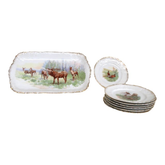 Late 19th Century Joseph Schachtel Porcelain Wildlife Game Set 8pc With 7 Plates 1 Platter For Sale