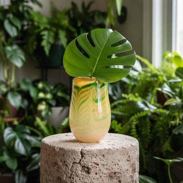 Late 20th Century Vintage Studio Art Glass Vase-Green Yellow Swirl-Hand Blown-Murano Style-Modern For Sale - Image 5 of 11