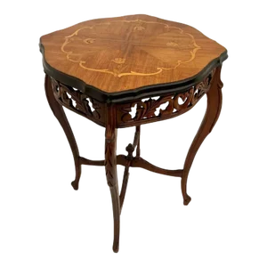 1920s Antique French Square Table Entry Stand Floral Hand Cut Inlays and Fret Work