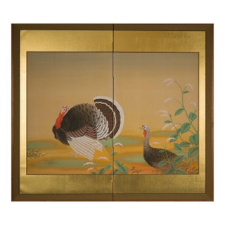 Japanese Meiji Two-Panel Screen With Tom Turkey and Hen, Signed Yoho, C. 1900 For Sale