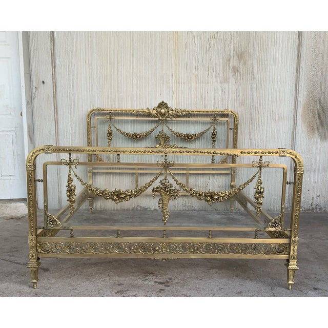 Late 19th Century 19th Century French Belle Époque Full Bronze Iron Brass and Glass Bedframe For Sale - Image 5 of 12