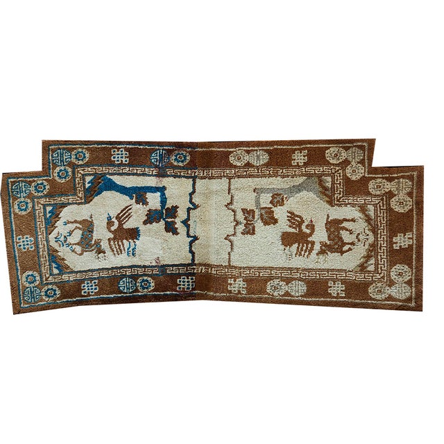Ivory 1940s Ivory Animal Geometric Antique Chinese Horse Cover Rug 1'9"x 4'4" Knotted Wool Carpet For Sale - Image 8 of 9