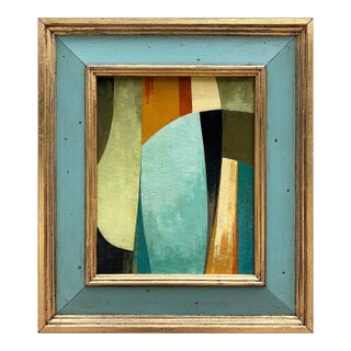 Contemporary Abstract Oil Painting in Vintage Blue Painted Frame For Sale