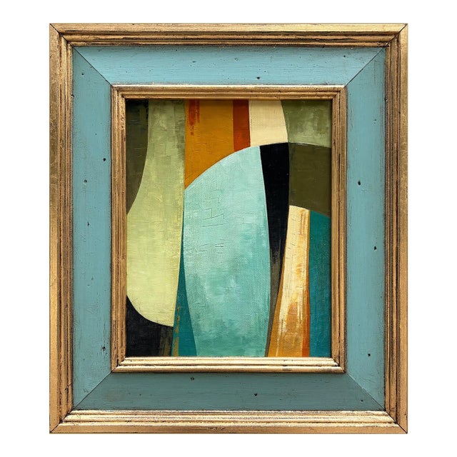 Contemporary Abstract Oil Painting in Vintage Blue Painted Frame For Sale