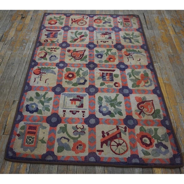 Textile 1930s Small Multicolor Geometric Roses Folk Art Antique American Hooked Wool Rug For Sale - Image 7 of 11