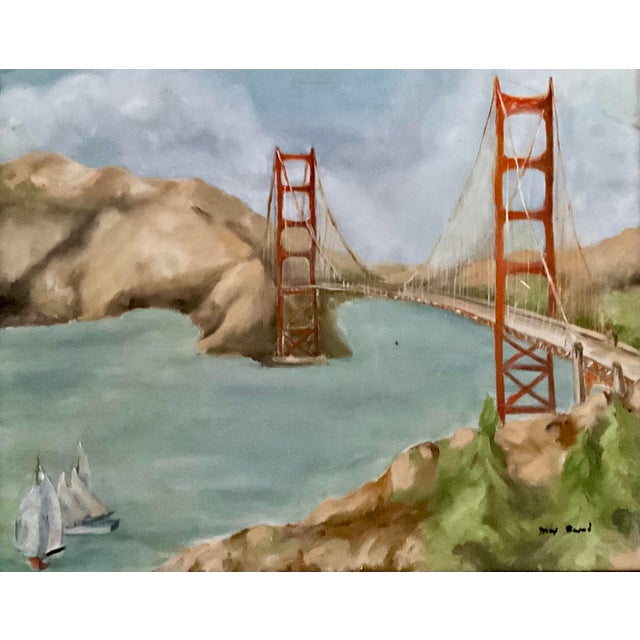Vintage Golden Gate Bridge Oil Painting with Sailboats in Ornate Gilt Frame A colorful vintage oil painting of San...