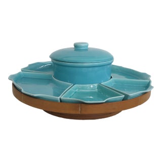 Squire Ceramics and Martin California 1940s Large Wood Lazy Susan 8pc Set 4992b For Sale