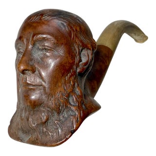 Antique 19th Century Hand Carved Burl Wood Horn Figural Man Face Smoking Pipe For Sale