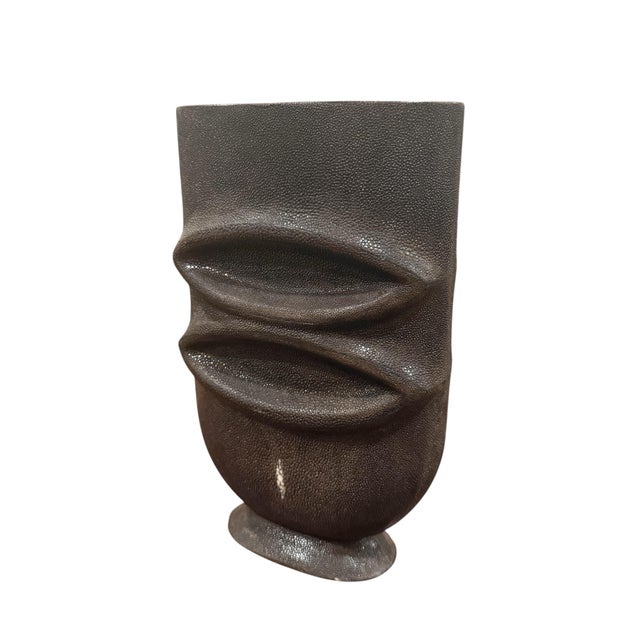 R & Y Augousti Shagreen Sculptural Vase. Wrapped in rich chocolate shagreen (stingray skin), this piece features two...
