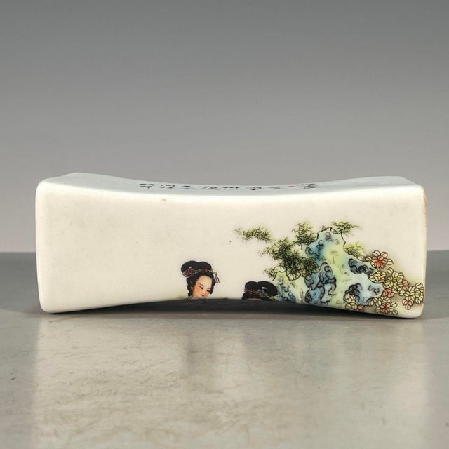 Late 20th Century Vintage Famille Rose Porcelain Pillow / Wrist Rest – Ladies & Floral Motif, Qianlong Mark For Sale - Image 5 of 9