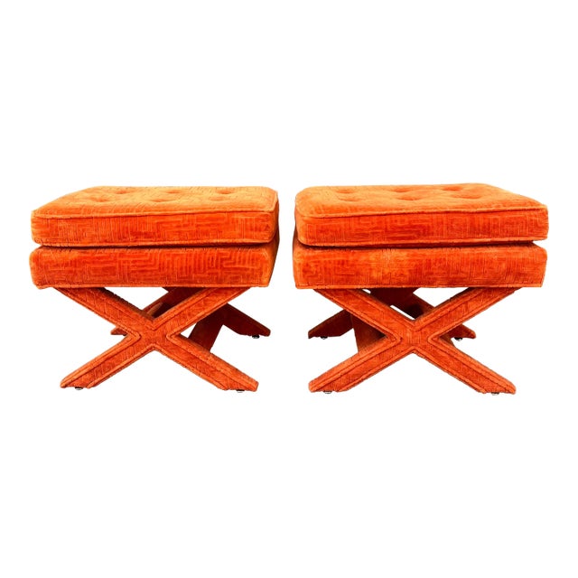 1970s Pair of Billy Baldwin Style X Bench Ottomans For Sale