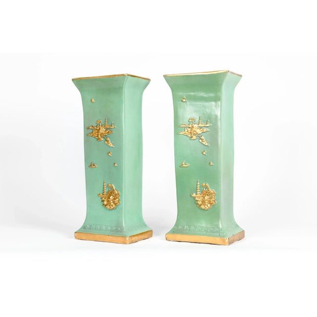 English Glazed / Parcel Gilt Porcelain Vase Pieces - a Pair For Sale - Image 10 of 13