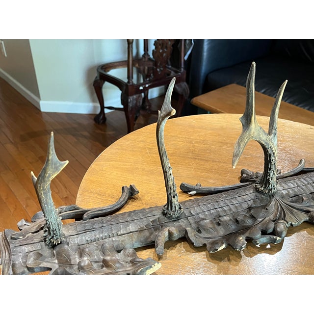 Antique 19th Century German Black Forest Carved Wood and Antler Wall Rack For Sale - Image 4 of 12