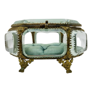 The Paris Apartment Antique 19th Century French Palais Royal Beveled Glass Jewelry Box, Original Tufted Celadon Silk Interior