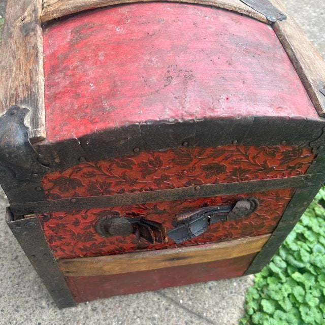 Well traveled child’s trunk; no key; measures 16”x28.25”x17”; in sturdy useable condition but, requires a few repairs to...