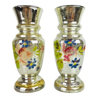 Vintage 1950s Mercury Glass Hand-Painted Floral Pair of Candle Holders For Sale