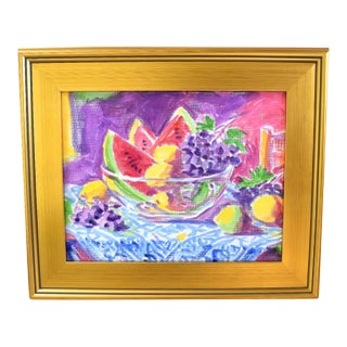 Impressionist Bowl of Fruit Painting Including the Antiqued Gold Wood Frame For Sale