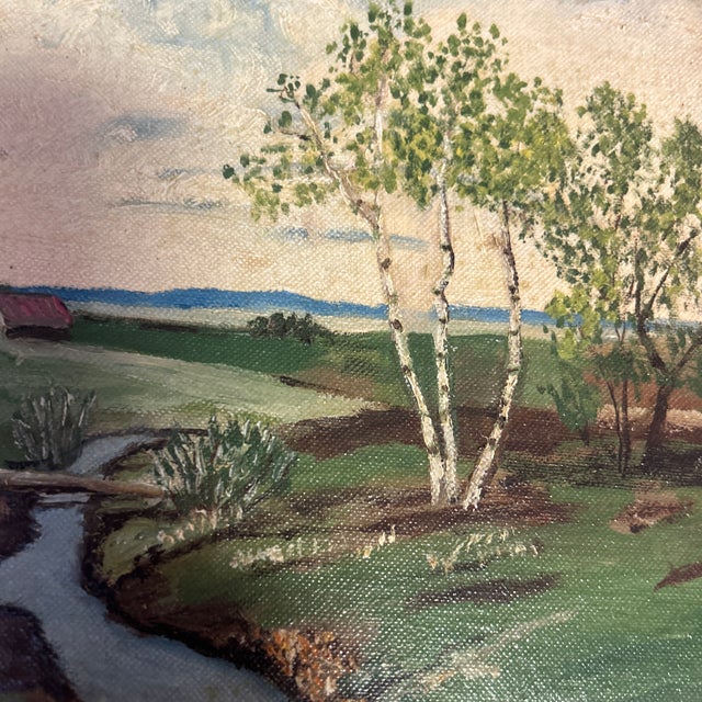1970’s Original Farm With Running Stream Naive Landscape Painting For Sale - Image 4 of 6