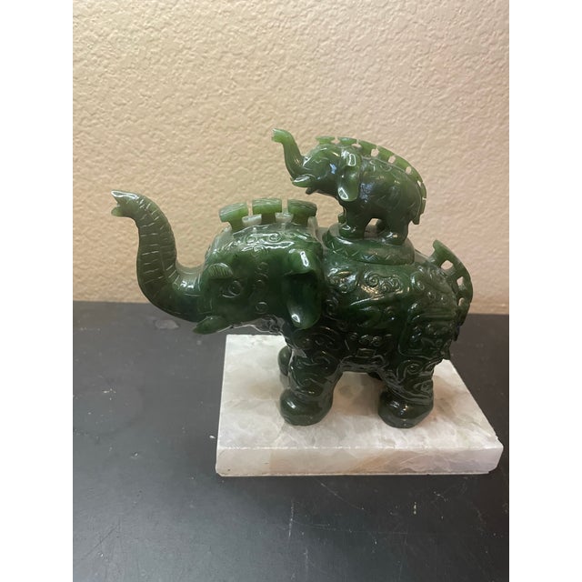 1940s 1940s Exquisite Asian Carved Natural Jasper Jade 7” Trunk Up Elephant W/ Baby Elephant Symbol of Peace, Prosperity & Wisdom For Sale - Image 5 of 12