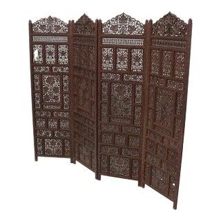 Four-Panel Finely Carved Teak Room Divider Screen For Sale