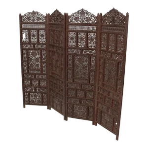 Four-Panel Finely Carved Teak Room Divider Screen