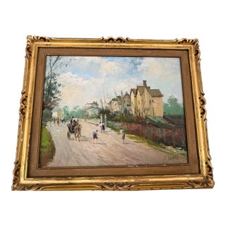 Impressionist Village Street Scene With Horse-Drawn Carriage, Signed, Oil on Canvas, Carved Giltwood Frame For Sale