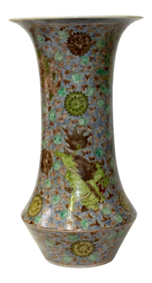 Vintage Chinese Gray Blue Base Foo Dogs Flower Porcelain Vase