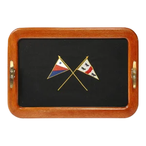1940s Art Deco Maritime Walnut Serving Tray With Embroidered Flag & Brass Detailing