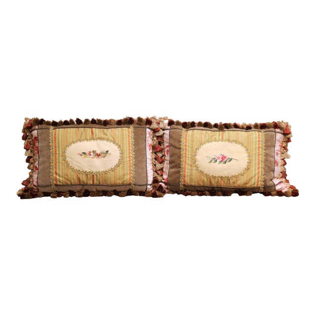 Pair of 18th Century Aubusson Tapestry Fragment and Passementerie Lumbar Pillows For Sale