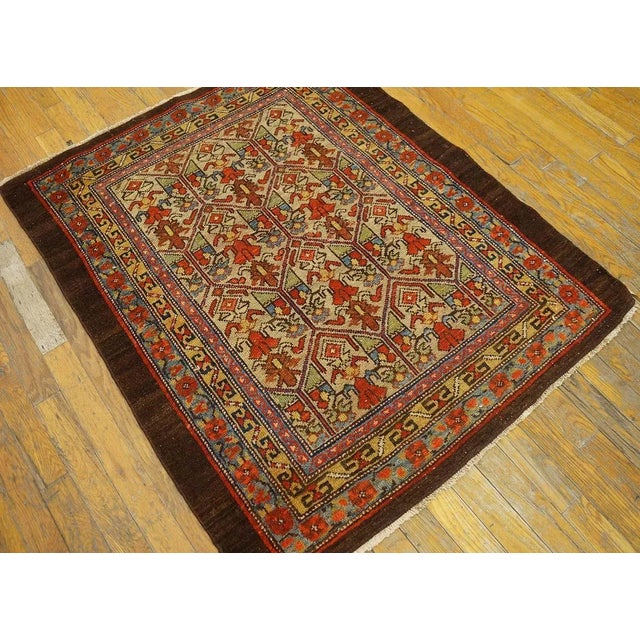 Tribal Happy and Inviting Tan Background Rustic Tribal Geometric Grid Design Antique 19th Century Persian Serab / Malayer Scatter Rug For Sale - Image 3 of 9