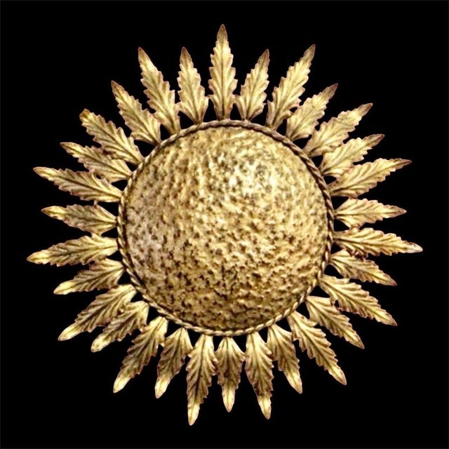Large Spanish crown light in gilt metal , Spain, 1950s. Midcentury antique gilt iron frame or pendant with laurel leaf...