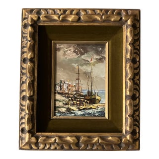 1950’s Original Small Impressionist European Harbor Scene Painting Original Frame Signed For Sale