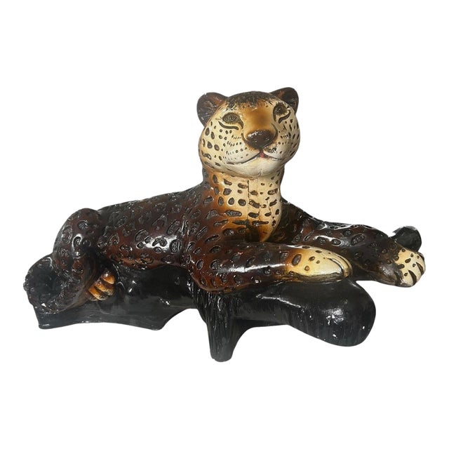Leopard Cheetah Sculpture Plaster Chalkware Statue Baby Cub Wild Cat 1970s For Sale