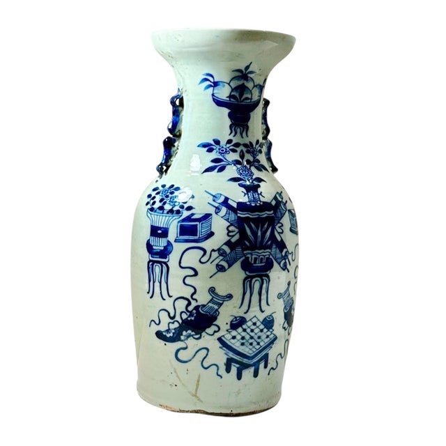 Chinese 19th Century Chinese Blue and White Vase With Celadon Cast and Foo Dog Handles For Sale - Image 3 of 10
