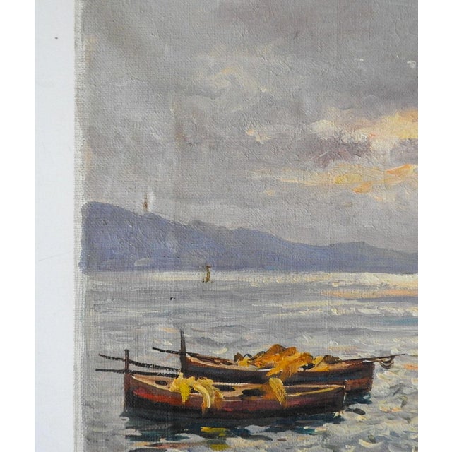Mediterranean Vintage Italian Fishing Boats at Sunrise Painting For Sale - Image 3 of 5