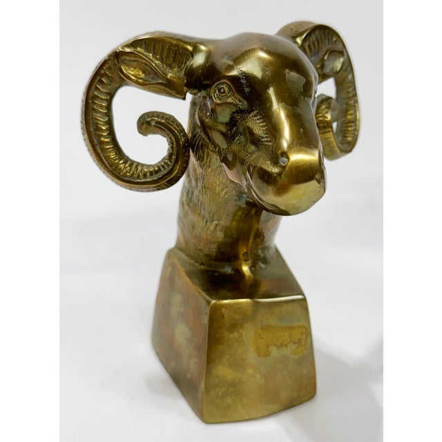 Metal Vintage Brass Rams Head Bookends For Sale - Image 7 of 8
