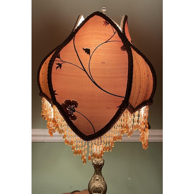 Vintage Victorian Revival Table Lamp Heavy Brass Stone Base Amber Fringe Shade For Sale - Image 4 of 16