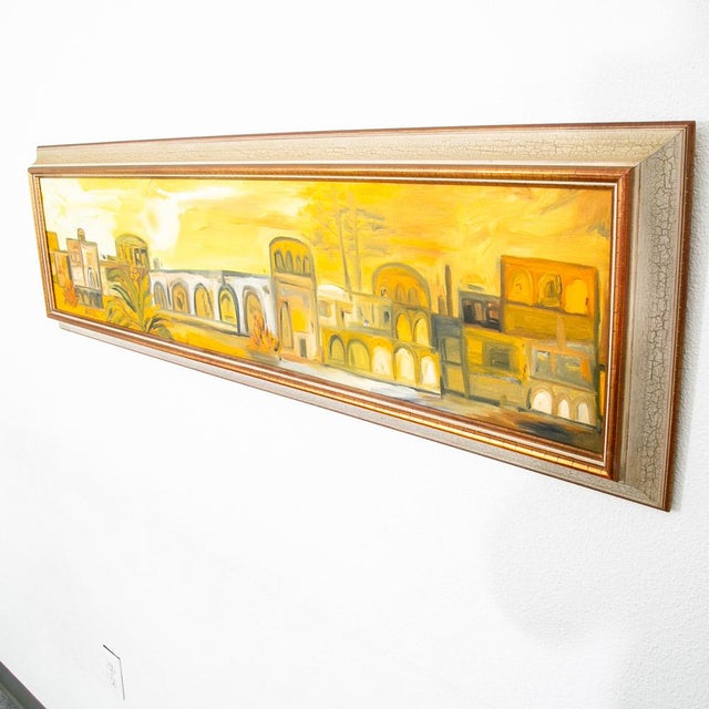 Modern abstracted cityscape Painting, signed by the artist "Stover". Framed Piece. Age: C 1970 Unique and well executed...