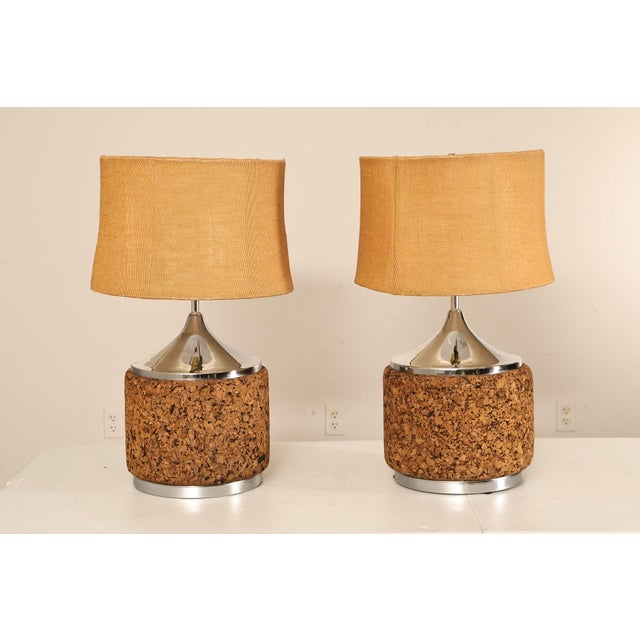 High Quality Vintage Pair of Cork and Chrome Table Lamps with Woven Drum Shades