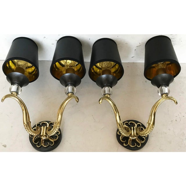 1950s 1950s Maison Jansen Gold Metal with Black Shades Sconces - A Pair For Sale - Image 5 of 6