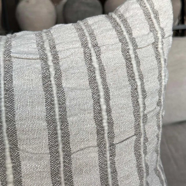 Belgium Linen and Wool Pillow in Gray Stripe Lumbar With Insert For Sale In Los Angeles - Image 6 of 7