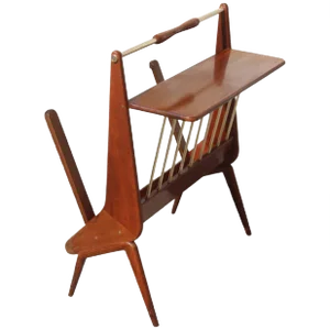 Mid-Century Italian Modern Geometric Wood & Brass Magazine Rack, 1950s