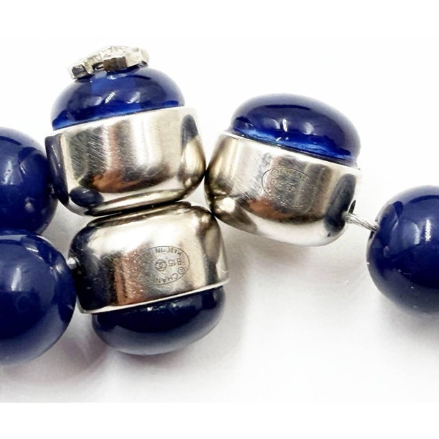 2010s Chanel Silver CC Blue Bead Pearl Large Loop Magnetic Earrings For Sale - Image 5 of 5