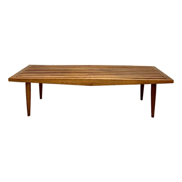 Vintage Scandinavian Modern Slatted Wood Bench Made in Yugoslavia For Sale