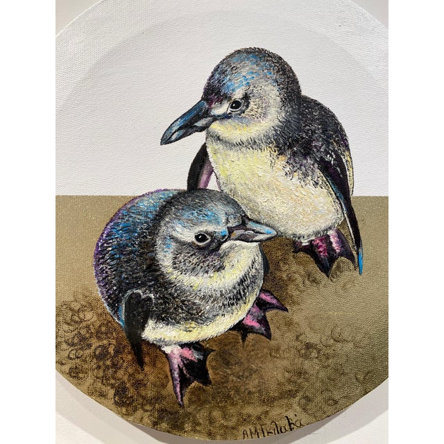 Contemporary Anastasia Gklava, Baby Penguins, Oil Painting with Gold Leaf on Round Canvas, 2025 For Sale - Image 3 of 18